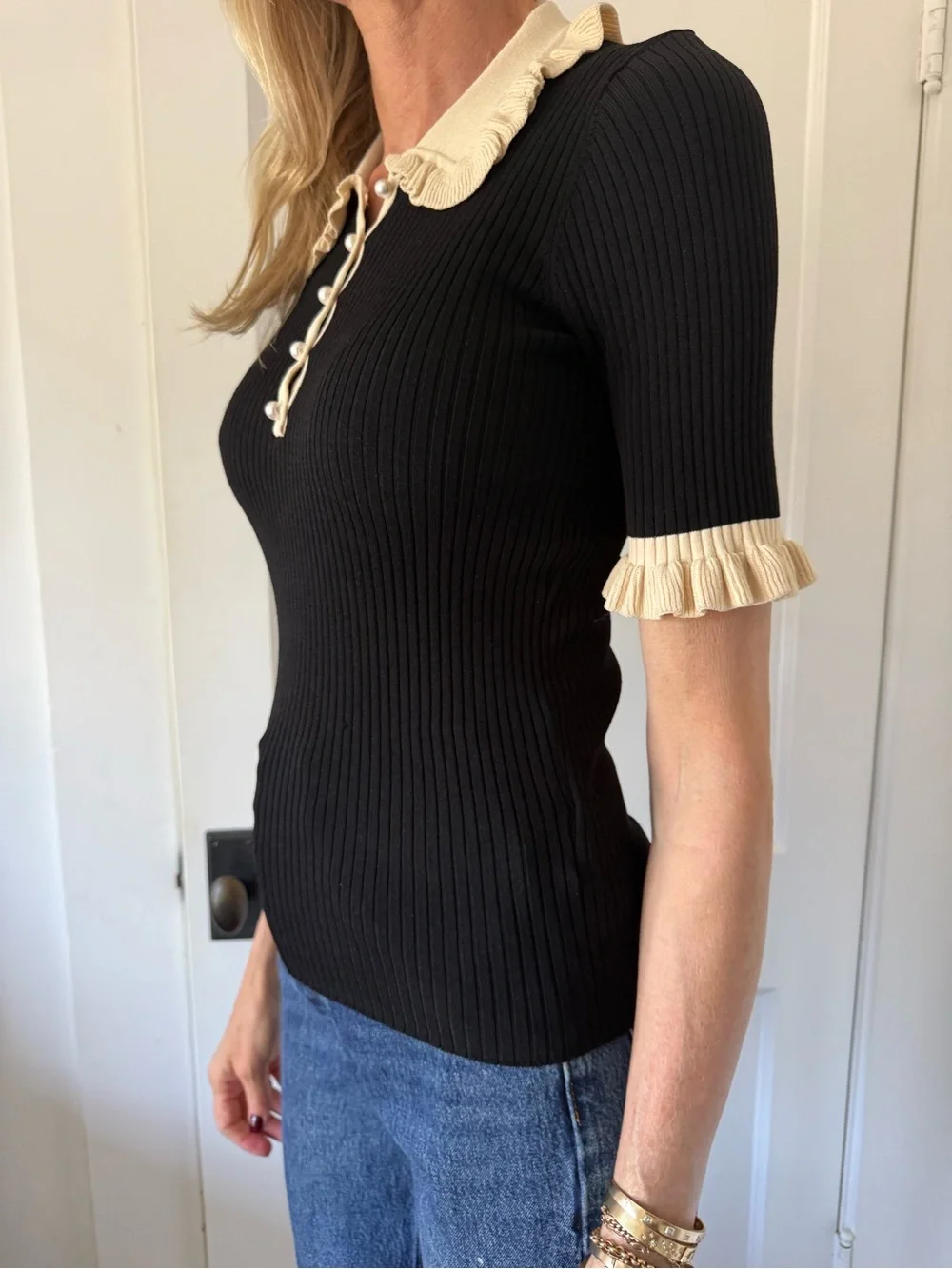 Sandro Black Ribbed Polo Top with Cream Ruffled Trim - Picture 2 of 3
